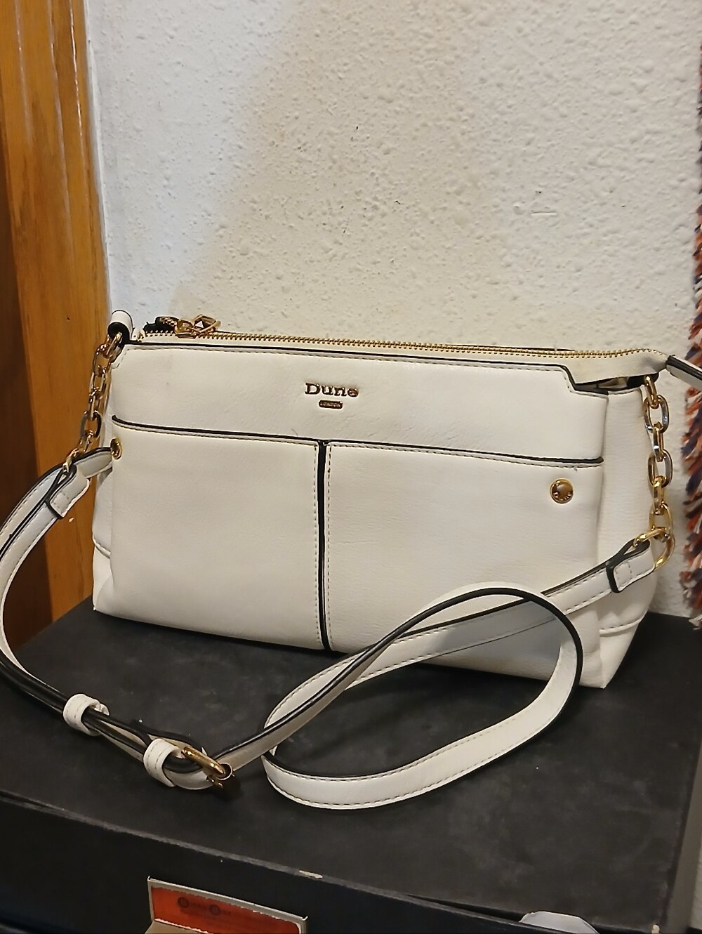 Dune London White Faux Leather Crossbody Bag Gold Chain Accent Front Pockets